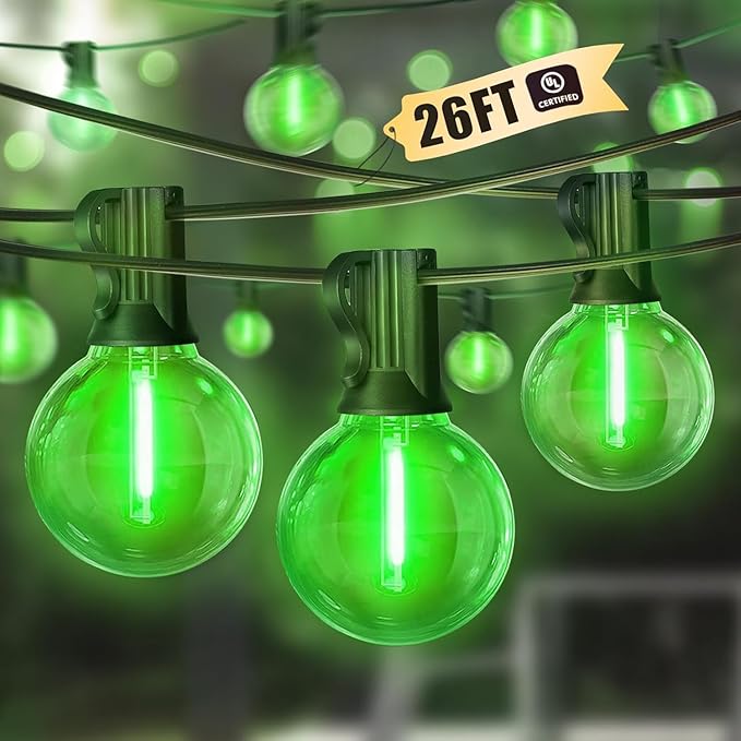 LAMPHOME 4Pack Green St. Patrick's Day LED Outdoor String Lights, 26Ft Patio Lights with 12+1 Edison Shatterproof Bulbs(1 Spare), Irish Theme Connectable Lights for Backyard Porch Party Outside Decor
