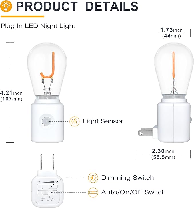 Night Lights Plug into Wall,Automatic LED Night Light with 10-100LM Dimmable, J-Type 2200K Plug in Night Lights with Motion Sensor, for Bathroom Hallway, 1-Pack