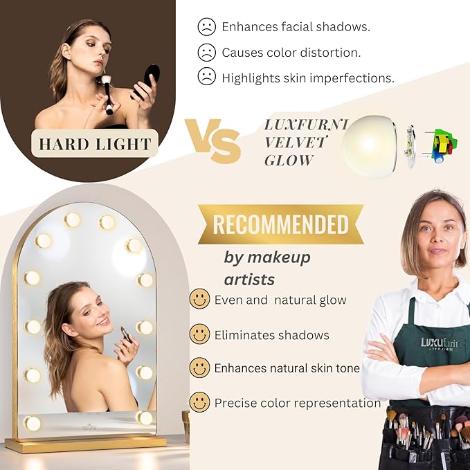 LUXFURNI Hollywood Mirror with Lights Makeup Mirror for Bedroom, Large Vanity Lighted up Mirror with 12 Dimmable Bulbs Smart Touch Control 3 Color Lighting Modes(Gold)