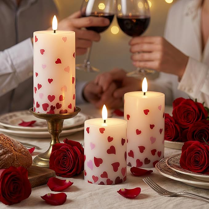 Flameless Pillar Candles with Remote, 3 Pack Battery Operated Real Wax LED Candles, Perfect for Home Decorations Fireplace Table, Heart Sticker