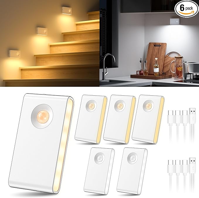 YiaMia Stair Lights Motion Sensor Indoor, 6-Pack Rechargeable Night Lights with 3 Color Modes, Wireless Under Cabinet Lighting for Stairs, Hallway, Kitchen, Bathroom