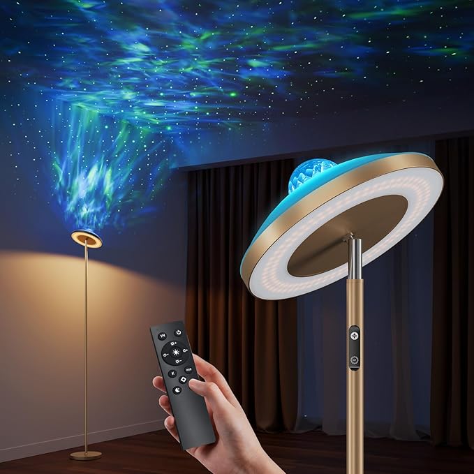 DUSKTEC Floor Lamp with RGB Star Projector, 15W 1400LM Dimmable 4 Color Temperatures LED Standing Lamp with Remote, Modern Tall Corner Lamp for Living Room, Bedroom, Office (Gold)