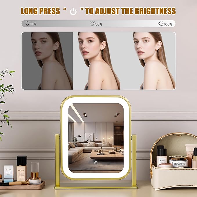Vanity Mirror with Lights, 1500mAH, 10"×9" Makeup Mirror with Lights, Smart Touch with 3-Color Lighting, 360° Rotation, Portable LED Desk Mirror, Bedroom (Gold)