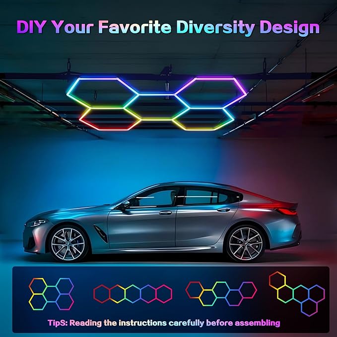 RGB Hexagon Garage Lights 240W - 356 Colors Mode w/Music Sync, 24 Pack Bright LED Honeycomb Panels for Garage, Barber, Home Theater, Game Room & Man Cave
