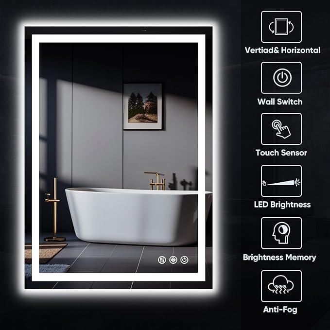 LED Bathroom Mirror, 28"x20" with Frontlit and Backlit Anti-Fog Mirror with Lights LED Vanity Mirror for Bathroom 3 Colors Temperature & Dimmable Bathroom Mirror with HD Tempered Glass