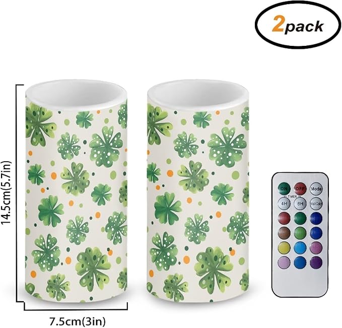 Lucky Leaves Flameless Candles St Patricks Day Candles Battery Operated Candles with Remote Control Color Changing LED Pillar Candles for Dining Room Bedroom Home Decorations