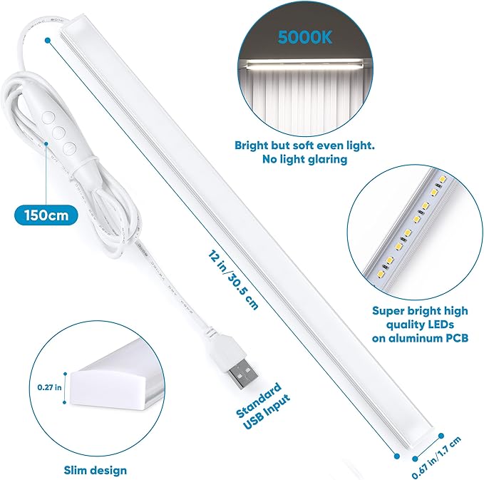 Litever Under Cabinet Light Kit with USB Powered for Kitchen Counter, Workbench, Coffee Station, Workspace, Closet. Adapter, Dimmer, 12 Inch LED Light. Daylight 5000K