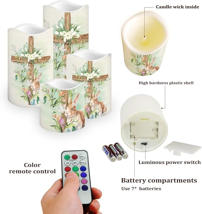 Easter Bunny and Ccoss Plastic Flameless Candles with Remote Control and Timer LED Flickering Battery Electric Pillar Candles for Table Easter Decoration
