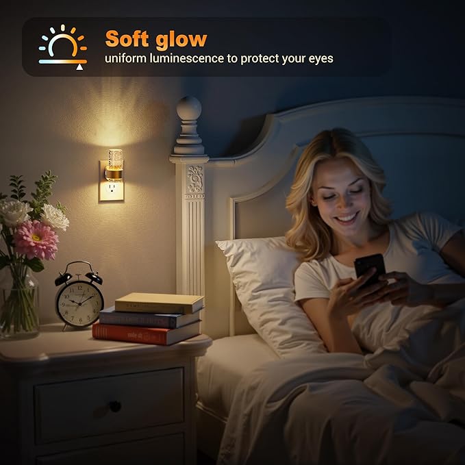 JandCase Night Lights Plug into Wall, Gold Night Light with 3 Colors, 2 Pack Dimmable Plug in Nightlight, Dusk to Dawn Sensor, Adjustable Brightness, 3000K/5000K/Amber for Bathroom Hallway Home Decor