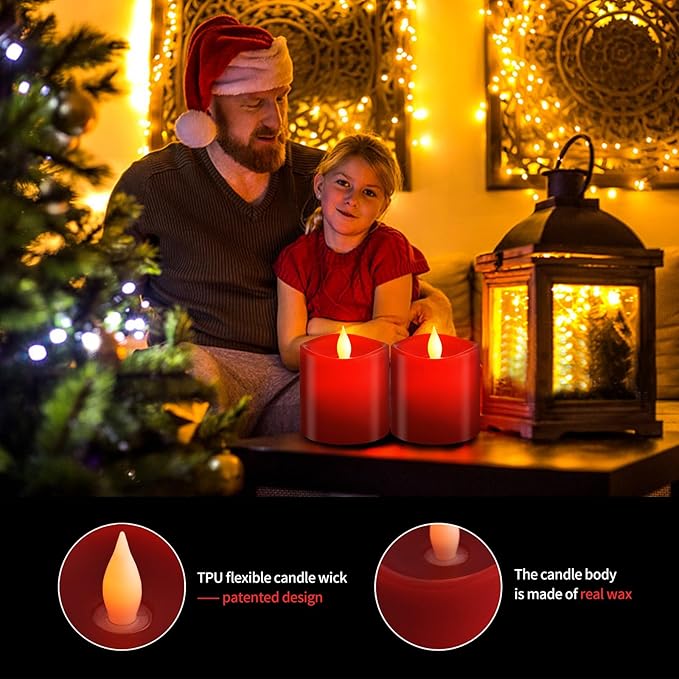 3x3 Flickering Flameless Candles Set of 2, 2AA Battery Life 600 Hours Battery Candles Flickering with Timer, 3 inch Flameless Candles with Remote for Indoor/Outdoor, Red