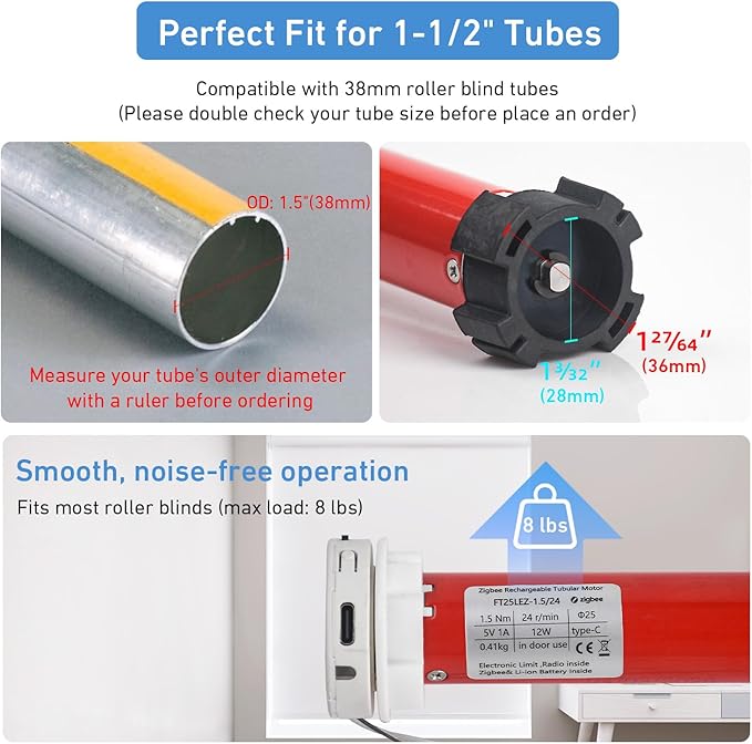 Zigbee Roller Blinds Motor – Smart Tubular Motor for 1-1/2" (38mm) Tubes – 5V Rechargeable, Works with Tuya Zigbee Gateway – Voice & App Control (Alexa/Google Home) Controlled Motors for Smart Shades