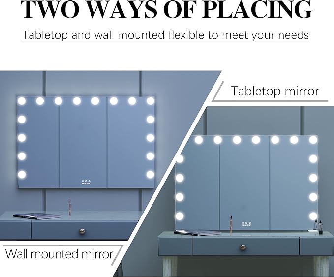 BEAUTME Large Vanity Mirror with Lights, 35.9''×24.3'' Makeup Mirror, Light up Mirror with 16 Dimmable LED Lights and 10X Magnification, 3 Colors Lights Modes, Touch Control, White