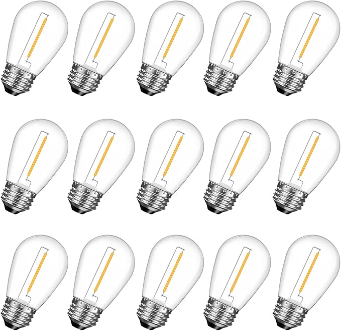 15 Pack Shatterproof S14 LED Replacement Bulbs for Outdoor String Lights, 1W Equivalent to 11W Incandescent Bulb, Warm White 2200K, Dimmable, E26 Regular Medium Screw Base