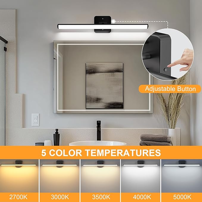 Sailstar Upgraded Bathroom Light Fixtures 23 inch Rotatable, Dimmable 15W 5CCT 1500LM IP44 Modern Bathroom Vanity Light Over Mirror, Built-in Dimmer, Black Vanity Lights for Cabinets Mirror