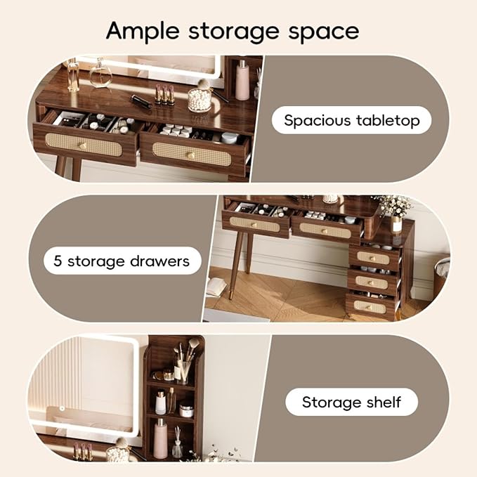 Vanity Desk with Mirror and Lights,Makeup Vanity with 2 USB Power Strip,3 Lighting Modes Adjustable Brightness, Foldable Three-Sided Mirror (ALIQWERY-007)