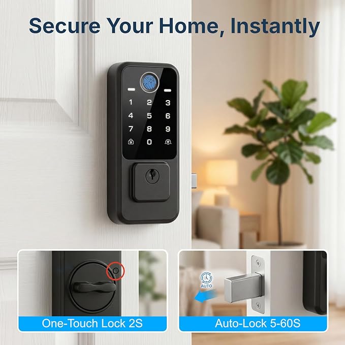 Smart Door Lock with Built-in WiFi - Keyless Entry Door Lock for Front Door, Fingerprint Door Lock with App Control, 5-in-1 Touchscreen Deadbolt with 6 Keys & 2 NFC Cards, Auto Lock