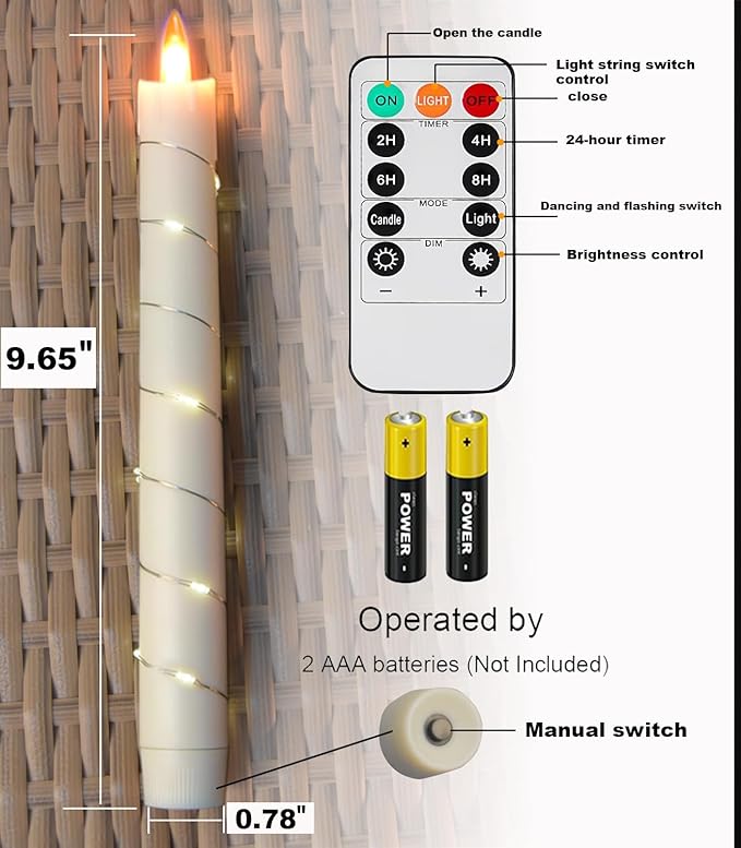 Flameless Cone Candle with Built-in Star String Light, 11-Button Remote Control, Timer, Battery Powered, Simulated Flame, 3-Pack Window Candle, Christmas Home & Wedding Decoration (White, red, Blue)