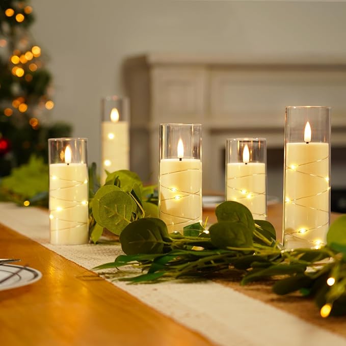 Homemory 12Pcs Flameless Candles with Star String Fairy Lights, Flickering Battery Operated Candles, LED Fake Candles with Remote and Timer, Christmas, Weddings, Home Decor, White