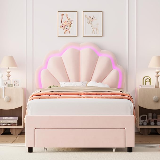 HIFIT Twin Upholstered Smart LED Bed Frame with Storage Drawer and Adjustable Chic Double Petal Headboard, Princess Platform Bed for Girls/Kids, Solid Wood Slats Support, No Box Spring Needed, Pink
