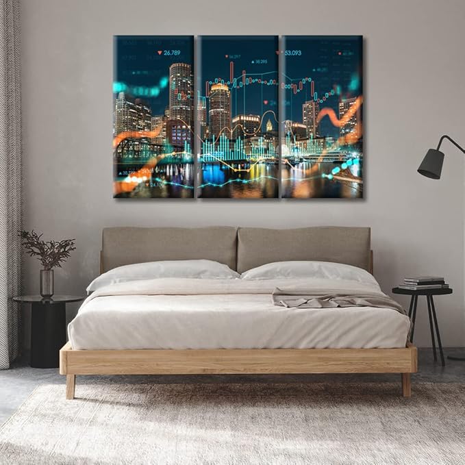 TUMOVO Boston Harbor and Seaport BLVD at Night Canvas Wall Art 3 Pieces Glowing Forex Hraph Hologram Painting Wall Decor for Bedroom Artwork Print on Canvas Framed Ready to Hang (60" Wx40 H)