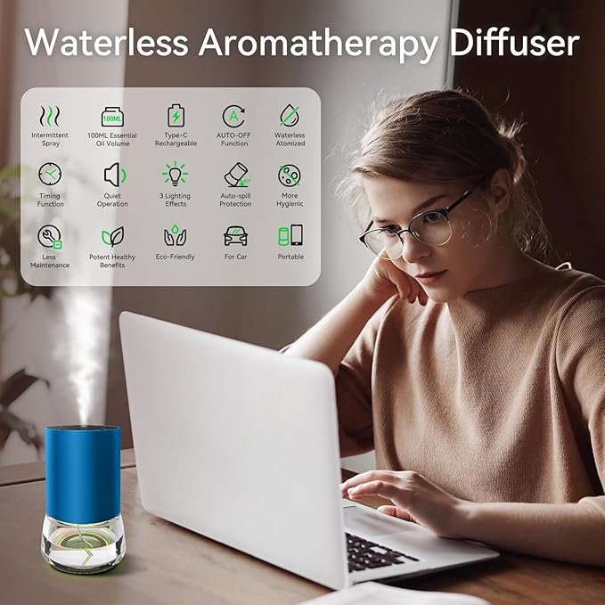Waterless Essential Oil Diffuser, 7 Colors LED Light, Battery Powered Mini Scent Air Machine, Aromatherapy Mist Diffuser for Home Room Car Office，Black Aluminum Alloy (Dark Green)