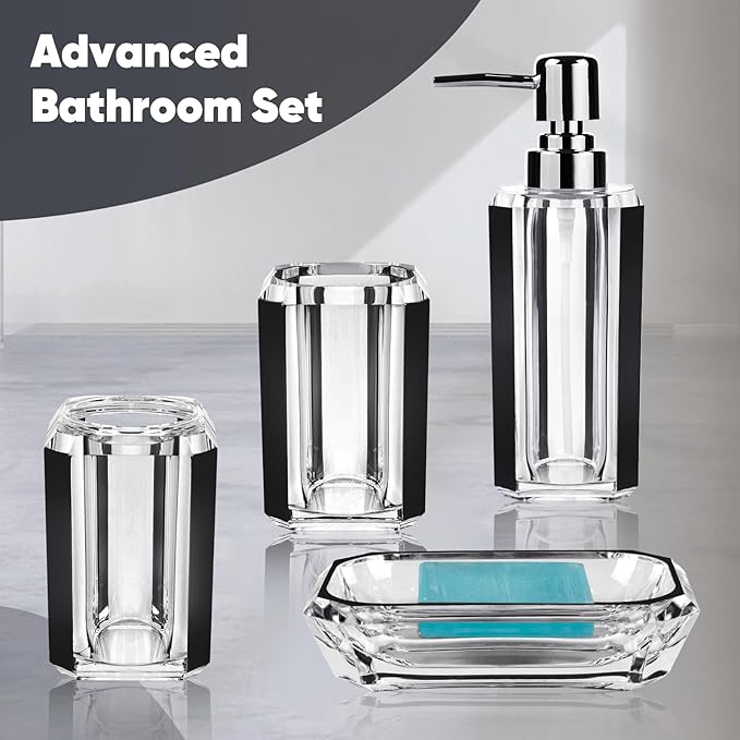 4-Piece Black Bathroom Accessories Set — Soap Dispenser, Soap Dish, Mouthwash Cup & Toothbrush Holder, Glossy Acrylic with Brushed Black Accent, Gift-Ready Home Decor