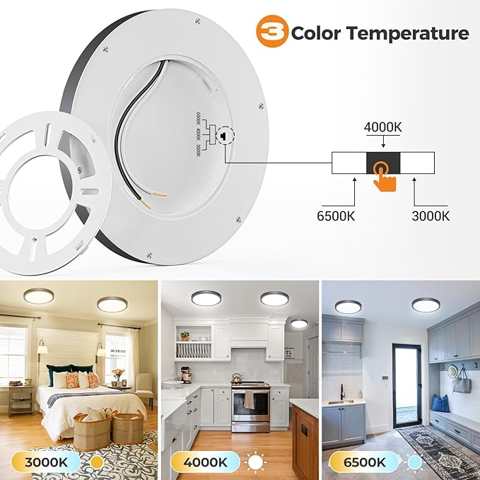 slochi 3Pack LED Flush Mount Ceiling Light Fixture, 9 Inch Light Fixture, 3000K-4000K-6500K Round Flat Bedroom Lights, Closet Round Surface for Bathroom Laundry Bedroom Hallway