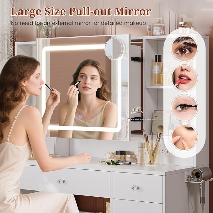 47.2“ Large Vanity Desk with Mirror and Lights,Power Outlet,7 Drawers,Pull-Out LED Mirror with 3 Light Modes,Brightness Adjustable,Rolling Makeup cart,Crystal Handles, hairdryer Rack,White