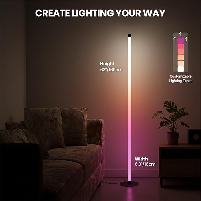 24V Smart RGB Floor Lamp with Independent Color Control Warm & Cool White, 2000 Lumens Reading Light, Music Sync, Compatible with Alexa & Google Assistant, App & Remote Control