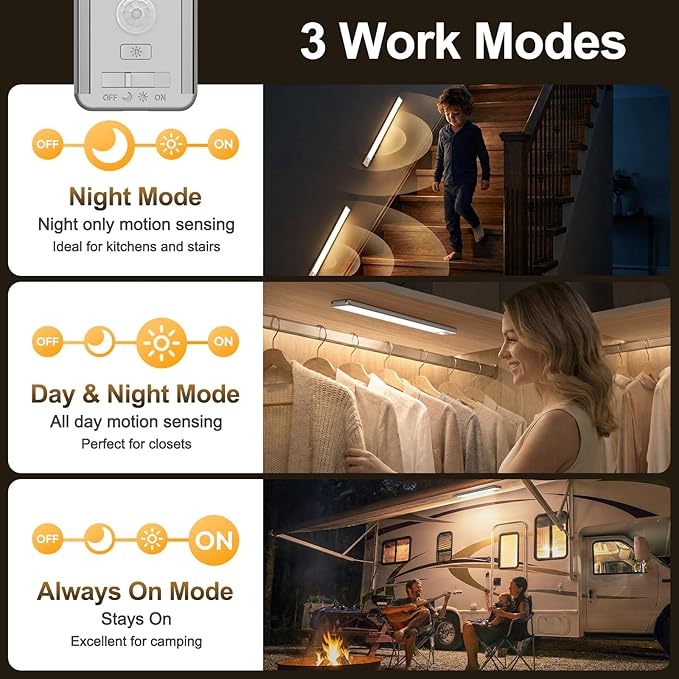 Motion Sensor Light Indoor, 80 LED Under Cabinet Lighting Battery Operated with 3 Color Temps, 1800mAh Rechargeable Closet Lights Wireless for Kitchen, Pantry, Stair (2 Pack)