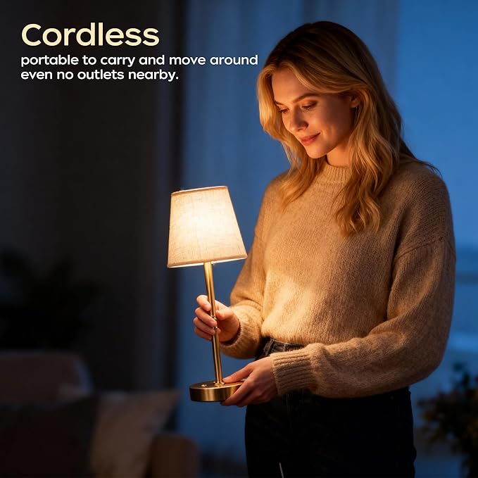 Cordless Table Lamp Rechargeable, LED Table Lamps with Touch Control, Stepless Dimmable Bedside Lamp, 6000mAh Battery Operated USB-C Lamp for Bedroom, Dining, Patio, Small Fabric Lamp Gold