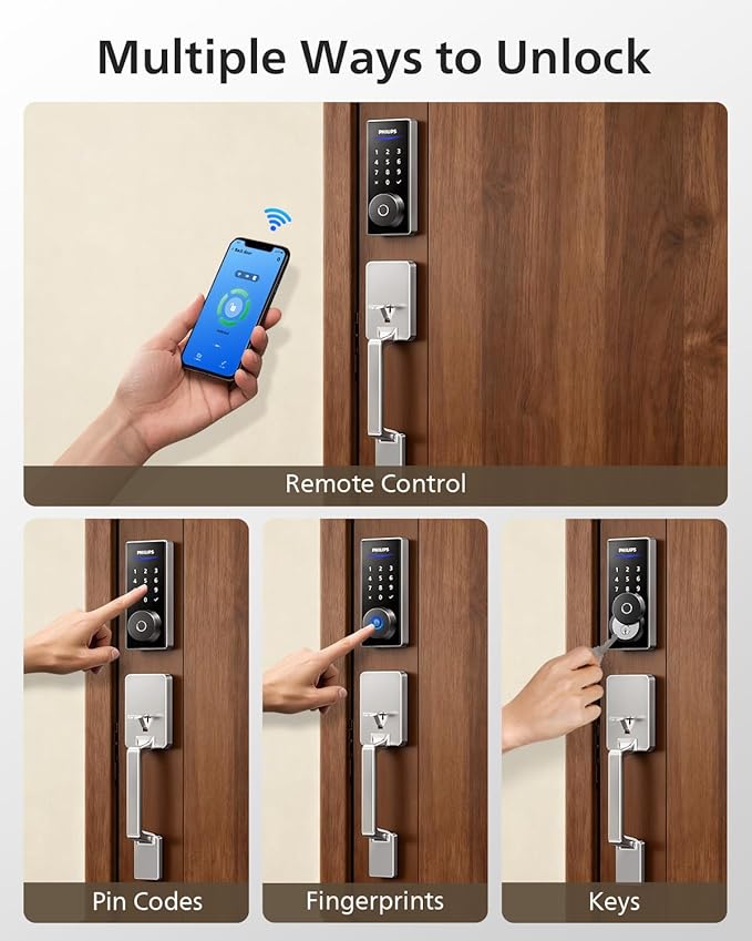 Philips Wi-Fi Smart Lock with Handle, Keyless Entry Keypad Door Lock with Handle, Front Door Deadbolt Set with WiFi Gateway, App Control, Fingerprint Unlock, PIN Code Unlock, Auto Locking