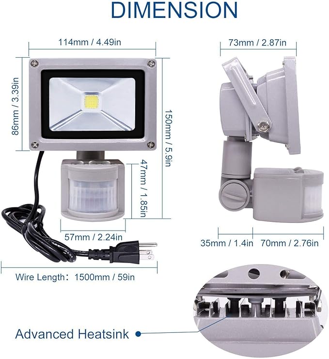 Z Motion Sensor Flood Lights Outdoor,10W Induction LED Lamp, IP65 Waterproof Spotlight,6500K LED Sensor Light,Security Light with US 3-Plug (Daylight White Grey)