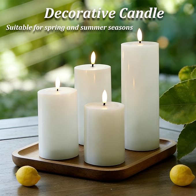 Battery Operated Candles with Remote, LED Flameless Real Wax Pillar Candles Set of 4, Timer Function, Safe Home Décor for Living Room, Bedroom, and Dining Table, White