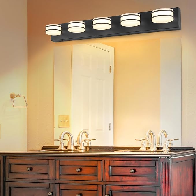 3 Color Temperature Dimmable Bathroom Light Fixtures Over Mirror, LED Black 5 Light Vanity Lighting Fixtures, Acrylic Stainless Steel Oval Shade Vanity Lights for Bathroom, ETL Certificated