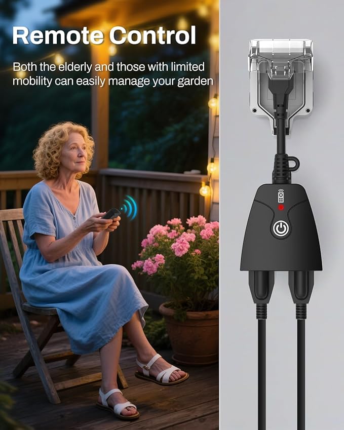 HBN Outdoor Wireless Remote Control Outlet Plug,Weatherproof Heavy Duty Power Strip,Indoor Electrical Plugs for Light Switch,6-inch Cord,100ft Range, ETL Listed(15A,Dual 3-Prong Outlets)
