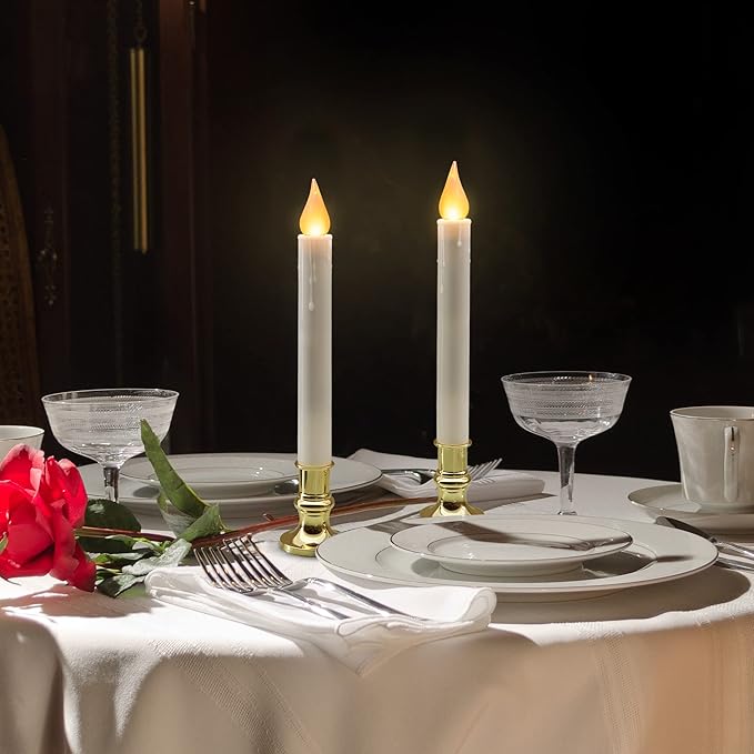FURORA LIGHTING LED White Taper Candles with Gold Holders Pack of 6 with 5/19 Timer, Elegant Flameless Glow for Home Décor, Batteries Included