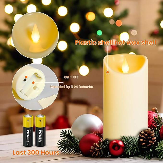 YIWER Plastic Flameless LED Candles,Pack of 4 Battery Operated Candle with 10 Key Remote Control Electric Fake Flickering Light Ivory Pillar D3”H6”