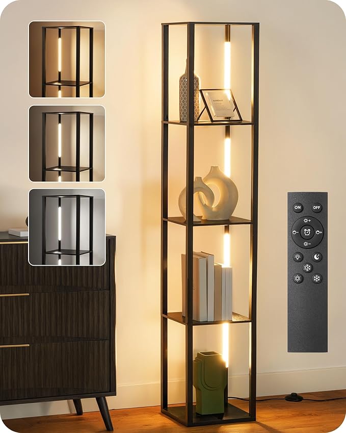 64.2" Display Shelf with Light, Modern Corner Floor Lamp with Shelves, LED Dimmable Standing Lamp with Remote for Living Room, Bedroom, Office, Adjustable CCT, Black Square B51LD05