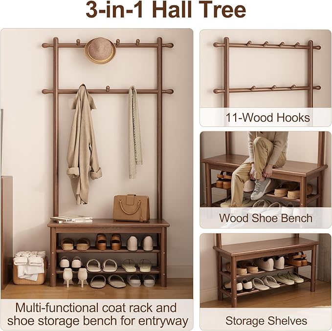 AQIMUELE Coat Rack with Shoe Storage, Wooden Hall Tree with Bench, 11 Hooks and 2-Tier Storage Shelves, 3-in-1, Entryway Bench with Coat Rack (31.5"-Walnut)