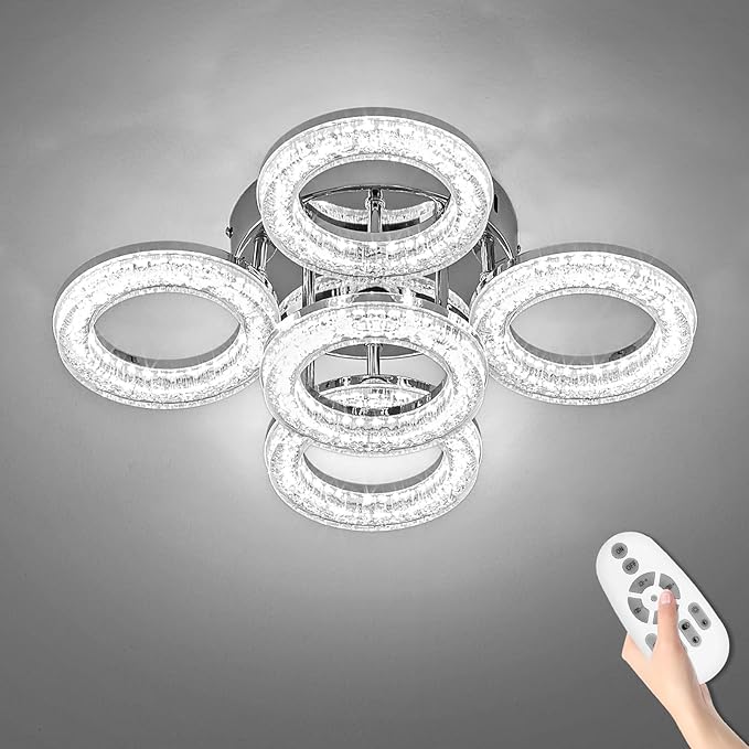 OKELI Modern Ceiling Light, 5 Rings 16.9'' Dimmable LED 49W Flush Mount Ceiling Lights with Remote Acrylic Crystal Round Ceiling Light Fixture, Bedroom Living Room Dining Room, Chrome