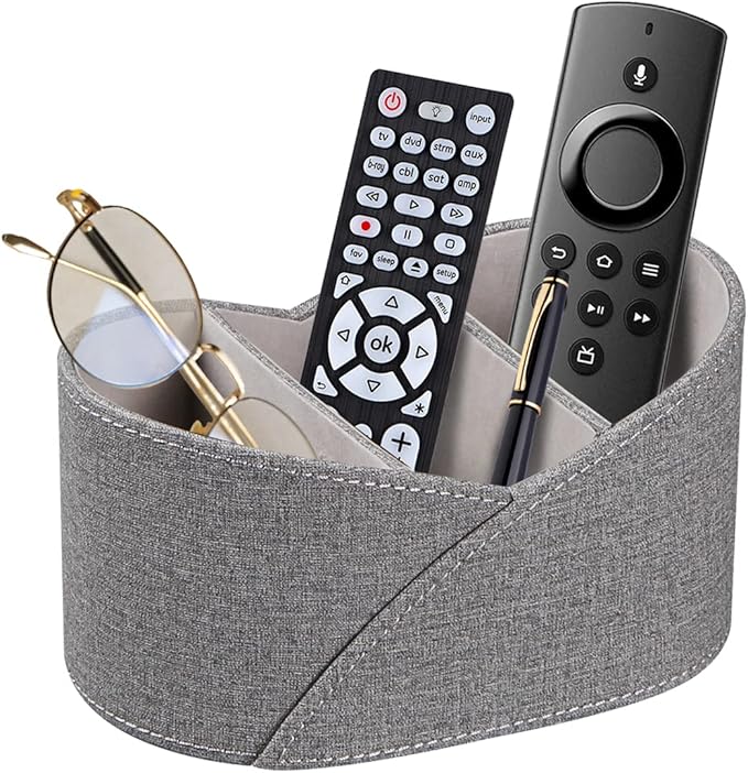 PU Leather Remote Control Holder with 3 Compartments, Modern Design Desk Accessories Workspace Organizer for Office/School/Home, Modern Nightstand Caddy Organizer for Makeup/Vanity/Stationery,Grey