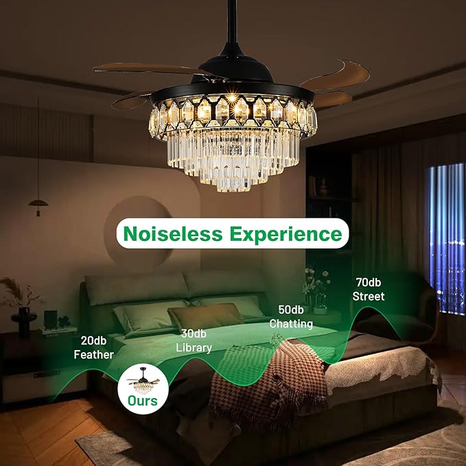 Lightree 42 Inch Black Fandelier Ceiling Fan with App Remote Control and Bluetooth Speaker,RGB LED Light Retractable Smart Ceiling Fan 6 Speed Timer Bluetooth Chandelier Fan for Bedroom Living Room