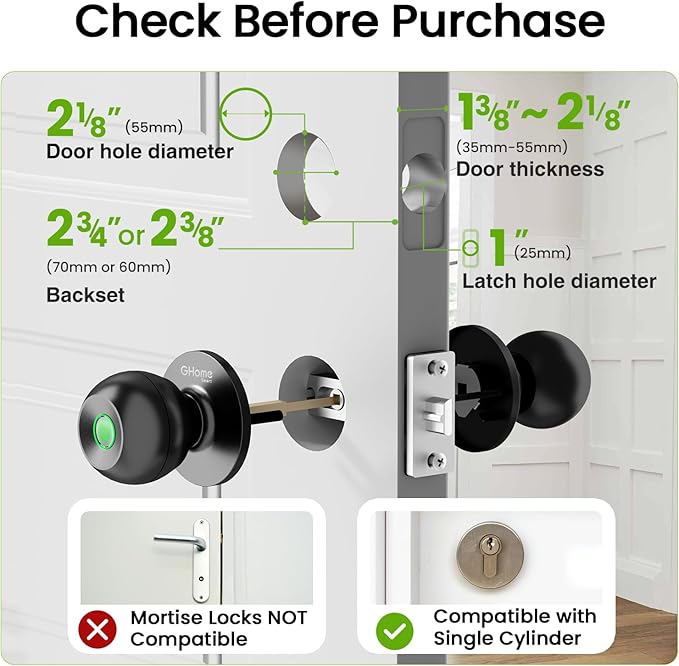 GHome Smart Fingerprint Door Lock, 3 in 1 Smart Fingerprint Door Knob with App Control & Key, Auto Lock, Biometric Thumbprint Door Locks for Bedroom, Garage, Home & Office