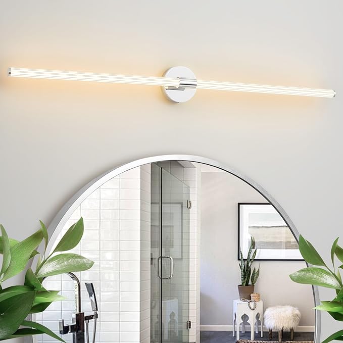 Bathroom Vanity Lights 49 inch Long Bathroom Light Fixtures Over Mirror Hardwired, Dimmable LED 360° Full Lighting Modern Vanity Light Bar Wall Sconce Warm Light for Bedroom Living Room - Chrome