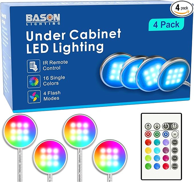 BASON LIGHTING RGB Under Cabinet Lighting, Wireless Remote Control, 16-Color Plug in Puck Lights, Dimmable LED Cabinet Light Kit for Kitchen, Bookshelf, Counter, 4 Pack