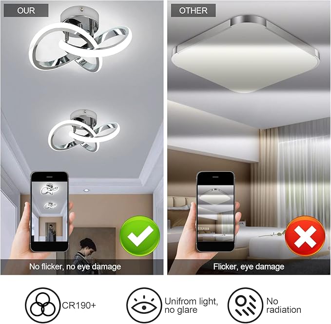 CANEOE Hallway Light Acrylic Modern LED Ceiling Light Fixtures Cool White 6000K Close to Ceiling Lights for Bedroom Bathroom Kitchen Balcony Corridor Stair Aisle Curved Creative Design Celing lamp