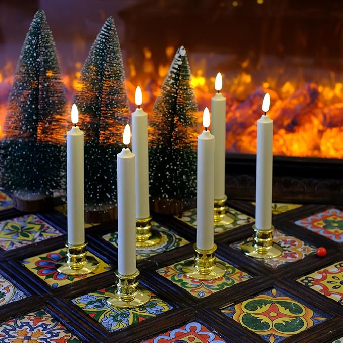 NONNO & ZGF 6PACK Flameless 8'' Window Candles +12 AA Batteries(Include)+6 Suction Cup+6 Golden Candleholders. Battery Powered Ivory Taper Candles with Remote and Timer.Remote Included