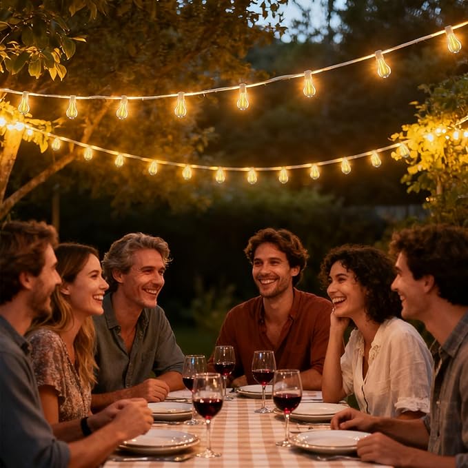 String Lights, 100FT Patio Lights with 64+5 Bulbs(1.5FT Bulbs Spacing), Outdoor String Lights, Remote & Dimmer, 3 Mode Light & Timing, 65PC Mounting Ties for Outside, 2200K (White)