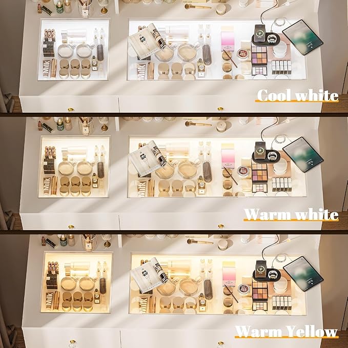 Makeup Vanity Desk with Mirror and Lights, Modern Glass Top Makeup Desk Set with Power Outlet, Drawers and Cabinet, 3 Lighting Color Adjustable Dressing Table for Bedroom